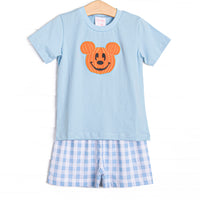 This set features blue fabric, a Jack-O-Lantern mouse applique, and light blue windowpane shorts to match.