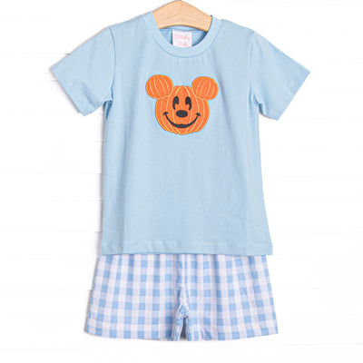 This set features blue fabric, a Jack-O-Lantern mouse applique, and light blue windowpane shorts to match.