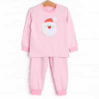  This set features soft pink stripes, and a Santa trio applique. 