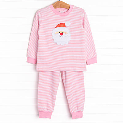  This set features soft pink stripes, and a Santa trio applique. 