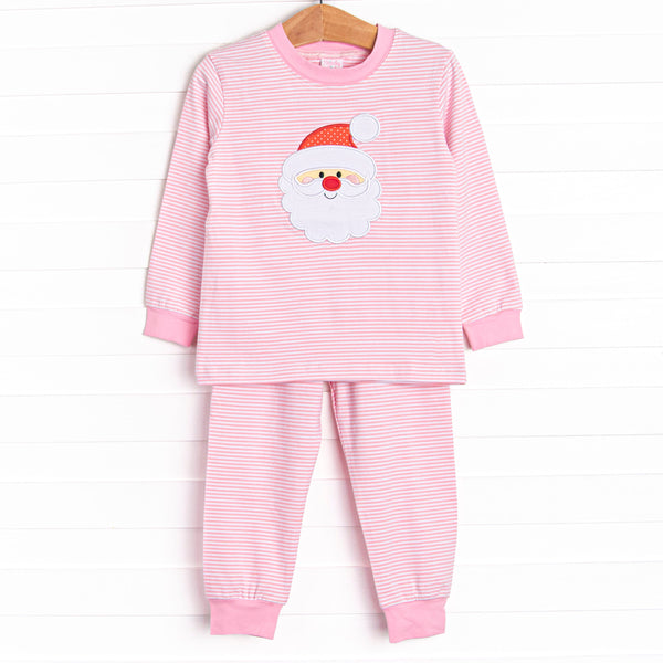  This set features soft pink stripes, and a Santa trio applique. 