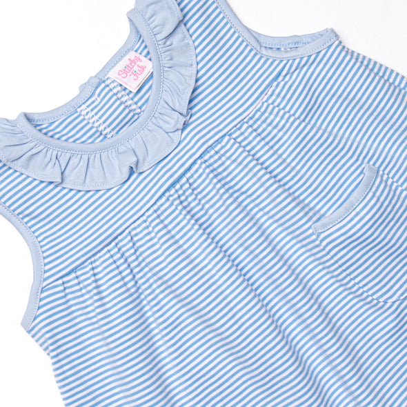 Jane Ruffle Short Set, Medium Blue Stripe