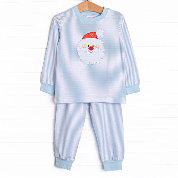 This set features soft blue stripes, and a Santa trio applique