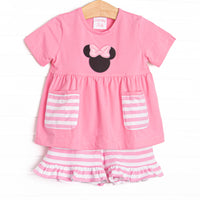 A bright pop of pink, coupled with pink and white striped pockets has us ready for a magical adventure. A mouse ears applique with a whimsical polka dot bow adorns the front of this set. Coordinating striped ruffle shorts to match.