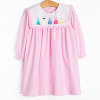  A long sleeve dress in a pink mini gingham print with a bib collar with the prettiest dress embroidery. 