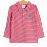  This Polo features a red striped print, a polo collar, and a Christmas Tree embroidery. 