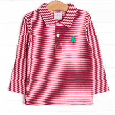  This Polo features a red striped print, a polo collar, and a Christmas Tree embroidery. 