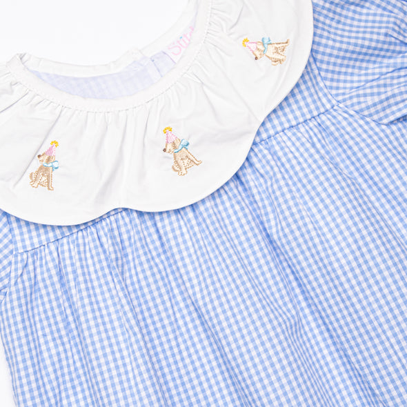 Party Hat Pup Embroidered Dress, Blue