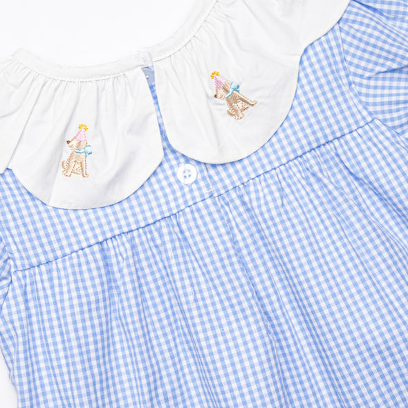 Party Hat Pup Embroidered Dress, Blue