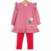 This set features a red striped print, ruffle trim, and a trio of holiday appliques. Coordinating red leggings to match