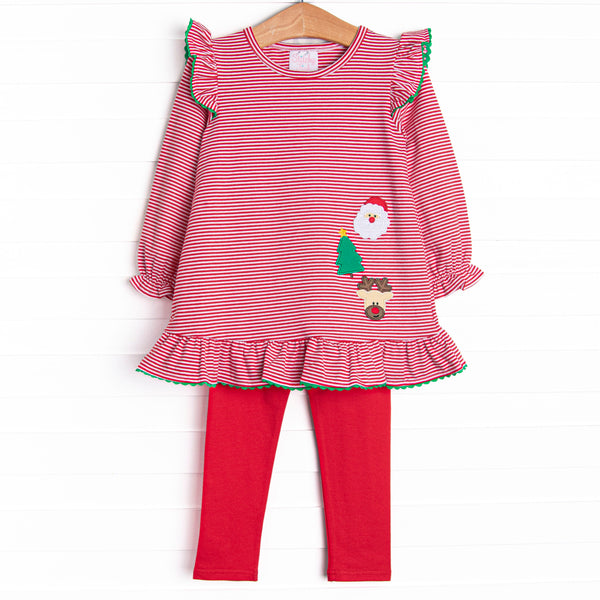 This set features a red striped print, ruffle trim, and a trio of holiday appliques. Coordinating red leggings to match