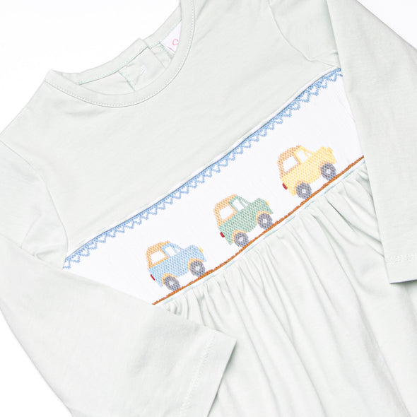 Blue Bronco Smocked Romper, Green