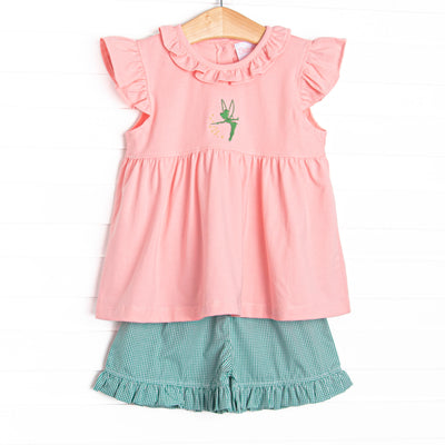 This set features pink fabric, a ruffle collar, and a Tinker Bell embroidery. Coordinating green gingham ruffle shorts to match.