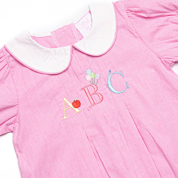 Back to School Party Applique Dress, Pink Gingham