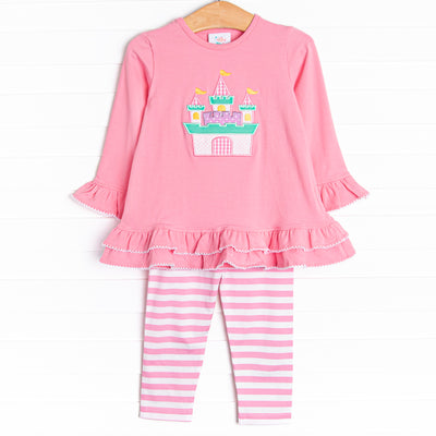 This&nbsp;legging set&nbsp;features long&nbsp;ruffle sleeves, coordinating pink stripe leggings, and an adorable castle applique.