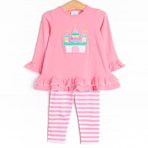 This&nbsp;legging set&nbsp;features long&nbsp;ruffle sleeves, coordinating pink stripe leggings, and an adorable castle applique.