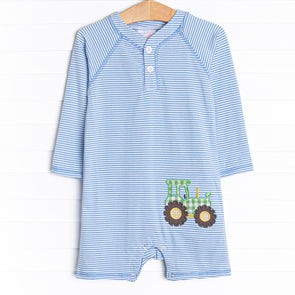 Tractor Pull Applique Short Romper, Blue