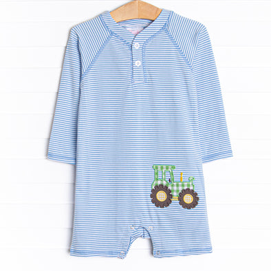 Tractor Pull Applique Short Romper, Blue