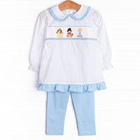 This set features a long sleeve top in a blue bitty dot print, a peter pan collar with blue ruffle trim, and princess smocking. Coordinating blue leggings to match.