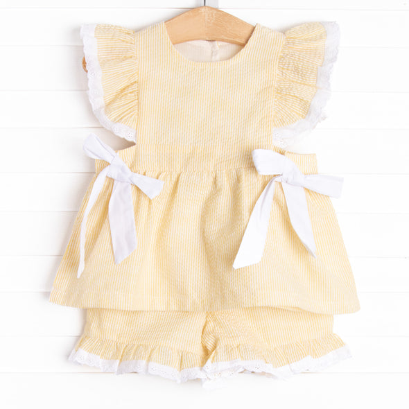 Plain Jane Ruffle Short Set, Yellow Seersucker