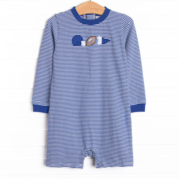  This romper features a blue striped print, snaps on the stride, and a football applique. 