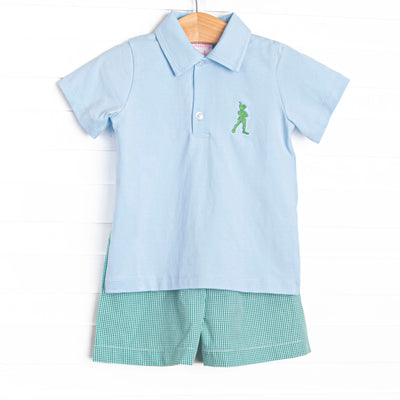 This set features blue fabric, a square collar, and a Peter Pan embroidery. Coordinating green gingham shorts to match.