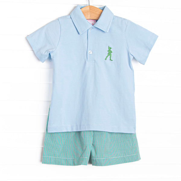 This set features blue fabric, a square collar, and a Peter Pan embroidery. Coordinating green gingham shorts to match.