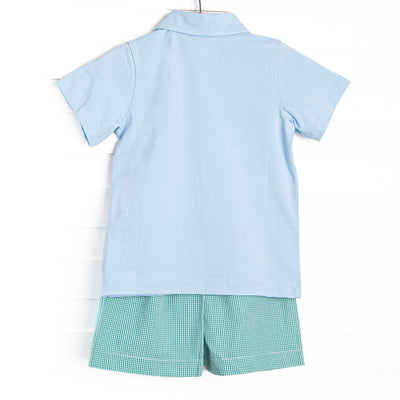 Storybook Flight Embroidered Polo Short Set, Blue