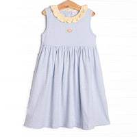 Tiny Fins Pima Embroidered Dress, Yellow and Blue Stripe