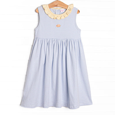 Tiny Fins Pima Embroidered Dress, Yellow and Blue Stripe