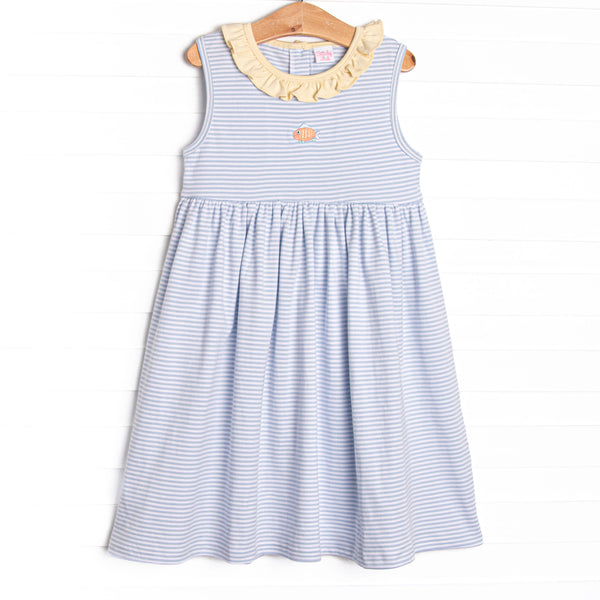 Tiny Fins Pima Embroidered Dress, Yellow and Blue Stripe