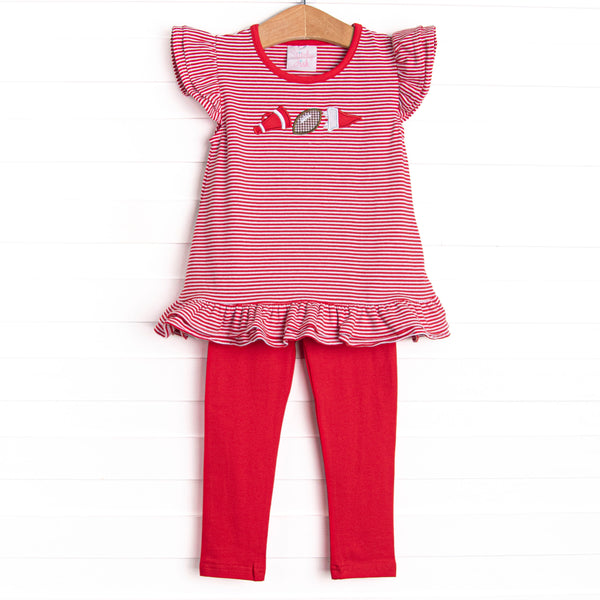 This set features a red striped flutter sleeve top with a football applique and red leggings to match.
