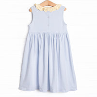 Tiny Fins Pima Embroidered Dress, Yellow and Blue Stripe