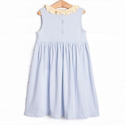 Tiny Fins Pima Embroidered Dress, Yellow and Blue Stripe