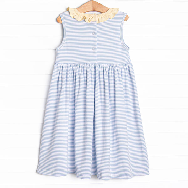 Tiny Fins Pima Embroidered Dress, Yellow and Blue Stripe