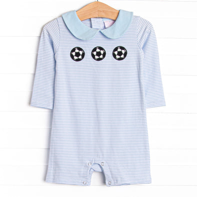 Corner Kick Cutie Applique Short Romper, Blue Stripe