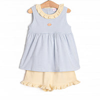 Tiny Fins Pima Embroidered Ruffle Short Set, Yellow and Blue Stripe