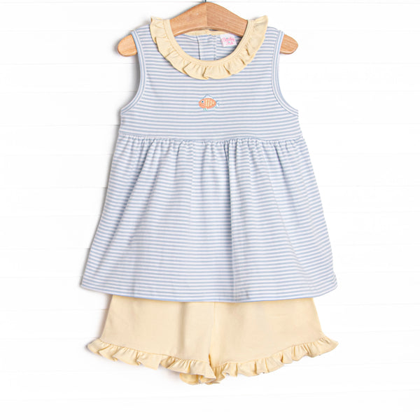 Tiny Fins Pima Embroidered Ruffle Short Set, Yellow and Blue Stripe