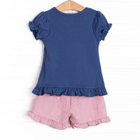 Global Studies Applique Ruffle Short Set, Blue