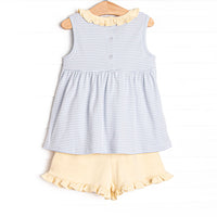 Tiny Fins Pima Embroidered Ruffle Short Set, Yellow and Blue Stripe