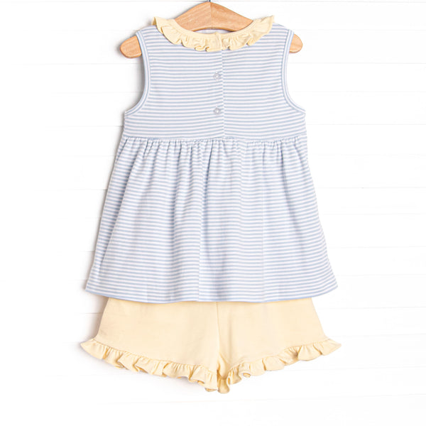 Tiny Fins Pima Embroidered Ruffle Short Set, Yellow and Blue Stripe