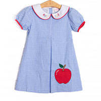 ABC Apple Applique Dress, Blue Gingham