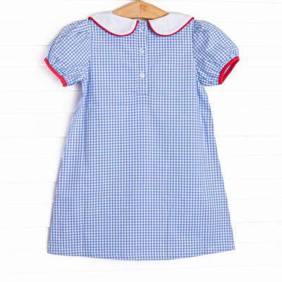 ABC Apple Applique Dress, Blue Gingham