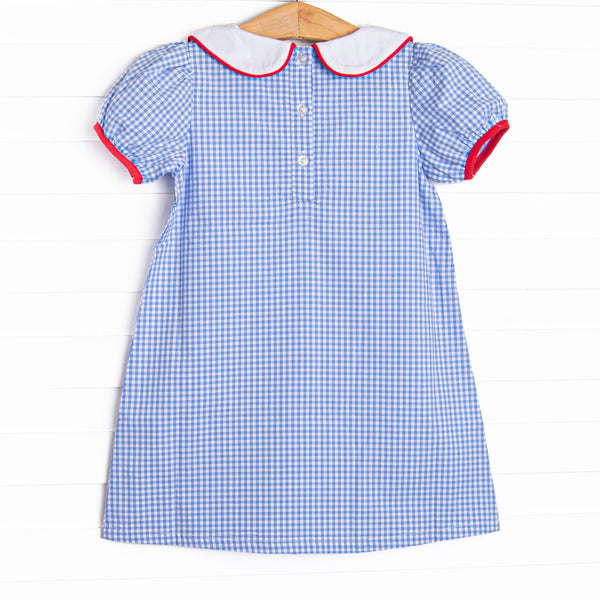 ABC Apple Applique Dress, Blue Gingham