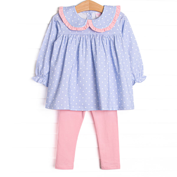 This set features periwinkle polka dots, a peter pan collar with pink ruffle trim, and pink leggings to match.