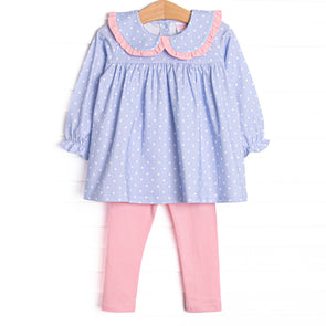 Periwinkle Polka Dot Collared Legging Set, Blue