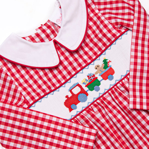 Gingerbread Express Smocked Romper, Red