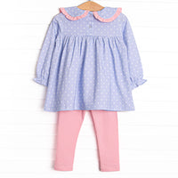 Periwinkle Polka Dot Collared Legging Set, Blue