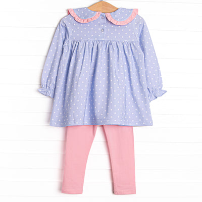 Periwinkle Polka Dot Collared Legging Set, Blue
