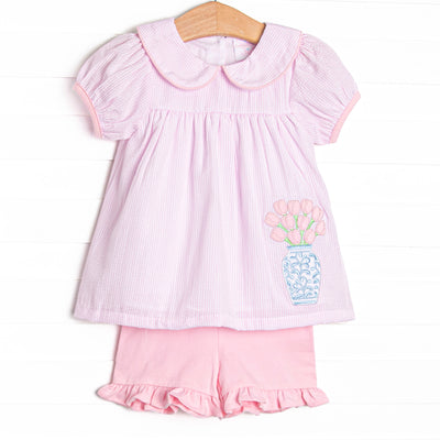 Garden Party Petals Applique Ruffle Short Set, Pink